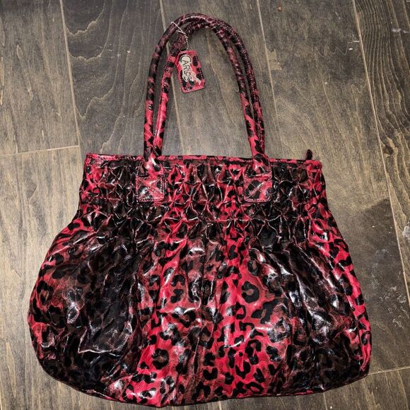 Carlos Miele Handbags - Carlos Santana  Red Black Leopard Print Faux Leather  Tote Purse Handbag